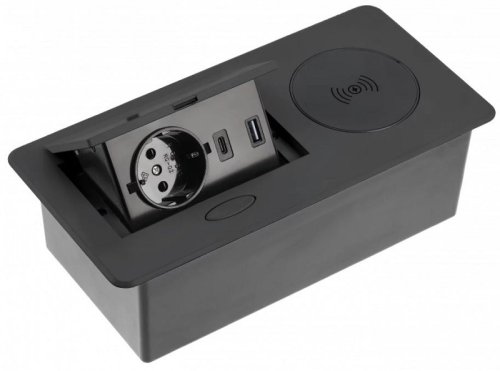 Розетка встраиваемая полуавтоматическая GTV 1-м.+беспроводная зарядка+2xUSB 212х118х70мм черный фото Розетка встраиваемая полуавтоматическая GTV 1-м.+беспроводная зарядка+2xUSB 212х118х70мм черный картинка